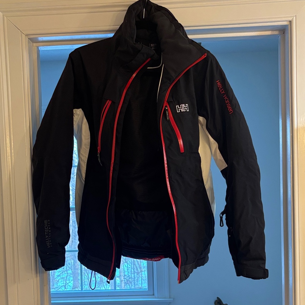 Women’s Helly Hansen Black and White Ski Jacket with Red Accents - size M